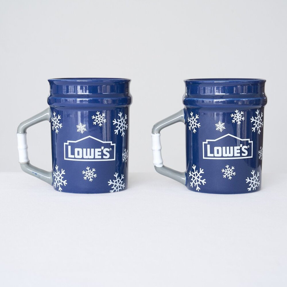 Set of 2 LOWE’S Holiday Mugs Blue Snowflake Bucket Coffee Cup Ceramic Christmas